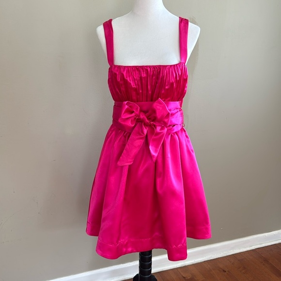 Anthropologie Maeve Pink Bow-Tie Satin Pockets Cocktail Mini Dress Size 12 - Picture 5 of 13